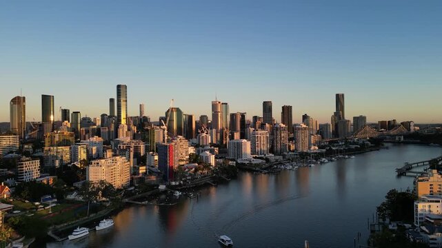 Sunset aerial view of Brisbane city and the Brisbane River