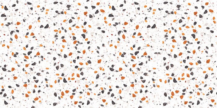 Terrazzo surface seamless pattern featuring scattered grey and orange pebbles on bright white base.