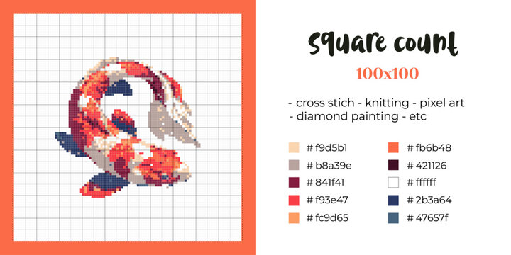 Colorful koi carp pixel art pattern on a 100&times;100 grid. Ideal for cross stitch, knitting, pixel art and diamond painting projects.
