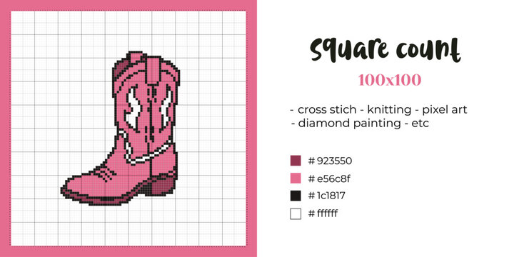 Cute pink cowboy boot pixel art pattern on a 100&times;100 square grid with a limited color palette. Perfect for cross stitch, knitting, pixel art and diamond painting.