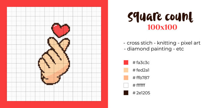 Cute Korean finger heart gesture pixel art pattern on a 100&times;100 grid for cross stitch, knitting and diamond painting crafts.