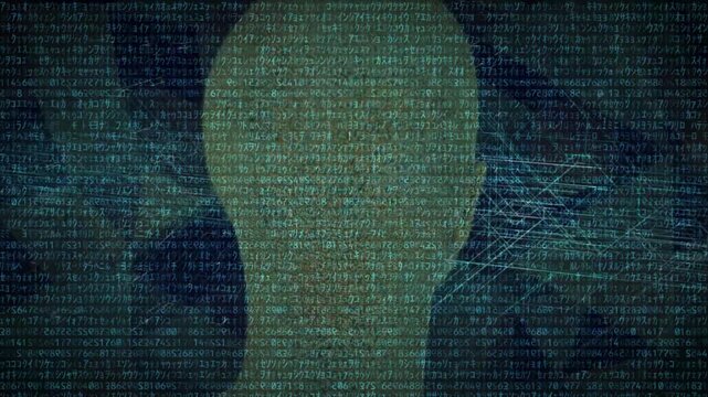 Silhouette of a human head integrated with glowing binary code, representing artificial intelligence, machine learning, and cybernetics.