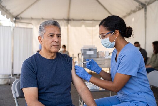 Masked nurse in blue scrubs gives vaccine injection to seated adult man inside temporary clinic, showing preventive care, patient trust, public health service, and organized immunization process