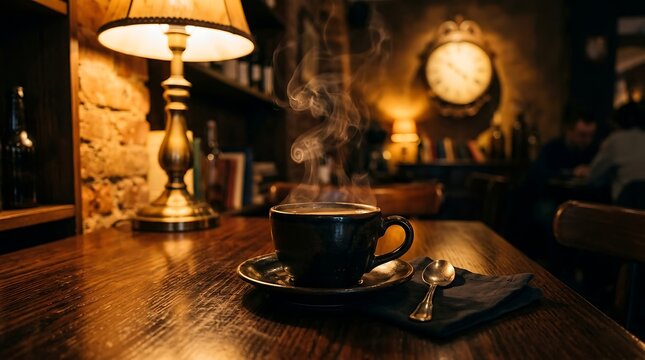 Steaming cup of coffee on a wooden table in a cozy, dimly lit cafe with a vintage clock in the background