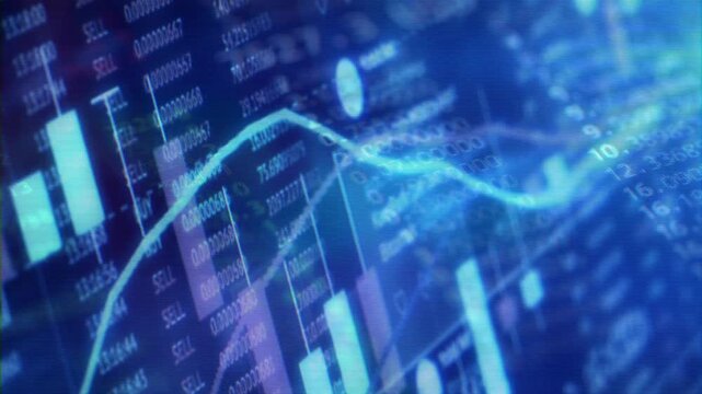 Close-up of digital financial charts showing rising trends, candlestick patterns, and numerical data on a blue screen.