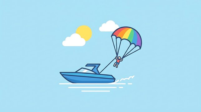 Boat towing person with rainbow parasail on water