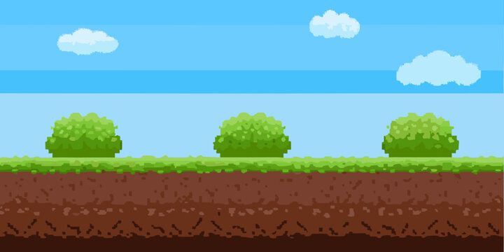 Pixel art landscape scene with clouds bushes and layered ground