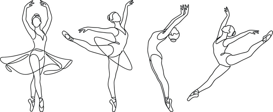 Elegant Ballerina Ballet Dancer Continuous Line Art Vector Set Featuring Dynamic Poses, Arabesque, Jumps, Pointe Shoes, and Skirt for Dance Studio Studio Graphic Designs