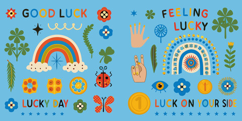 Luck themed floral ornament and symbolic objects vector illustration © ShibuProsad