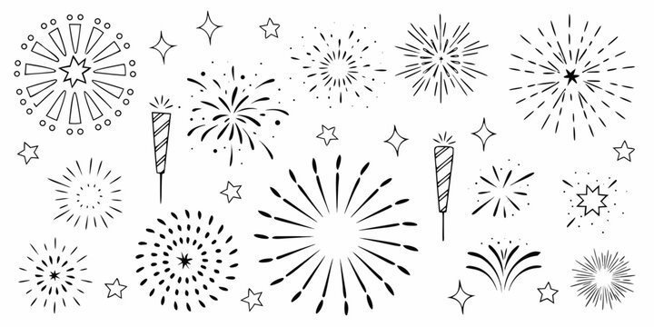 Fireworks And Sparklers Black And White Vector Illustration