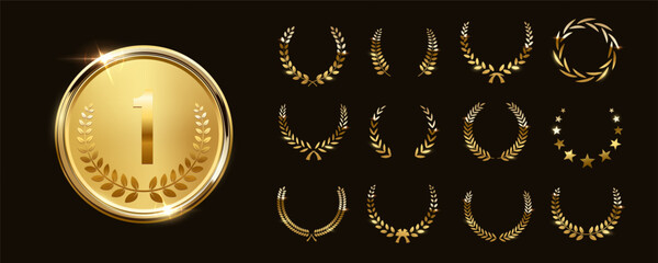 Fototapeta premium Gold award medals with laurel wreath. Golden medals with number one and leaf wreath on black background. 3d metal winner emblems. Realistic vector illustrations set.