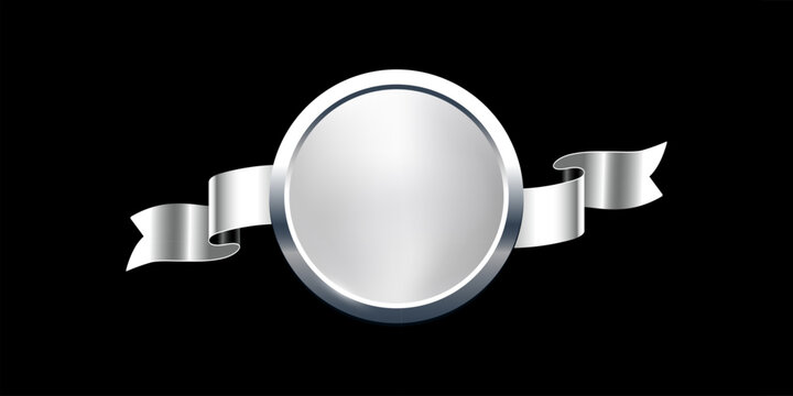Silver medal with horizontal ribbon. 3d silver award badge isolated on black. Design element for labels, certificates, prizes, winners, discounts, diplomas. Realistic vector illustration.