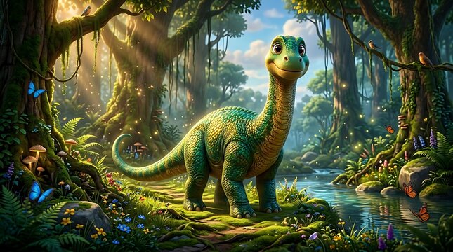 Cute Green Dinosaur in Enchanted Fantasy Forest