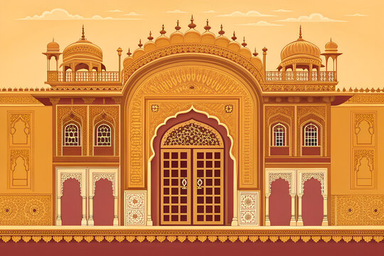 High-end vector artwork featuring a luxurious Indian palace fa&ccedil;ade with carved royal window, rich saffron and gold palette, intricate ornamental detailing