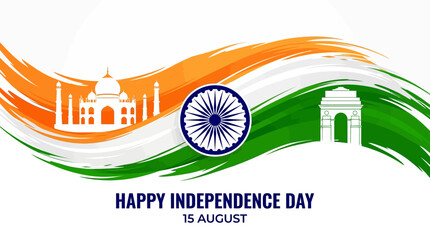 Indian Independence Day vector banner, tricolor brush stroke background with Ashoka Chakra, 15 August celebration poster with national landmarks © SiyamolHasan