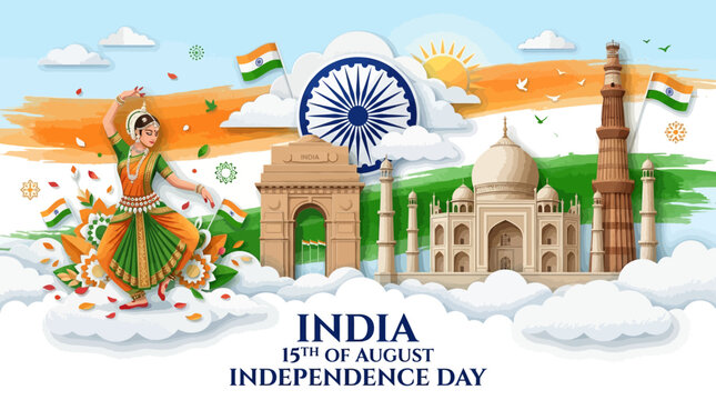 India Independence Day 15th of August banner, Indian monuments and classical dancer vector, tricolor flag background with landmarks