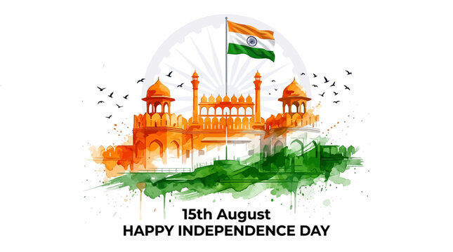 Indian Independence Day watercolor illustration, Red Fort landmark with tricolor flag, 15th August national holiday banner with Ashoka Chakra