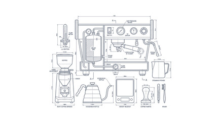 Obraz premium Espresso Machine Blueprint: Coffee Maker, Grinder, Scale, Kettle, Tamper, Pitcher