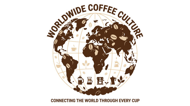 Worldwide Coffee Culture Global Connection: Earth with Coffee Beans, Cups, Mugs, French Press, Moka Pot