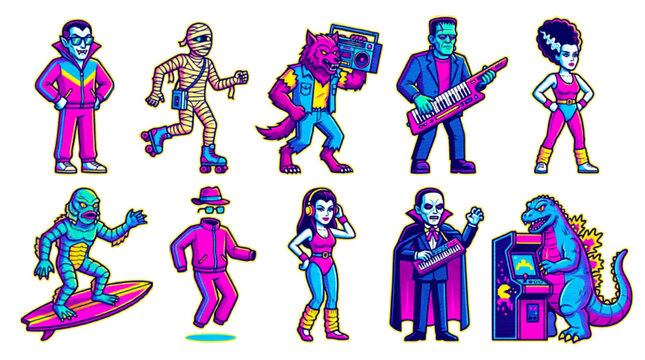 Retro 80s 90s Pixel Art Monsters Collection - Vibrant Neon Classic Horror Characters on Transparent Background