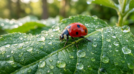Fototapeta premium Macro shot of a red ladybug walking on a green leaf covered with morning dew drops in the garden