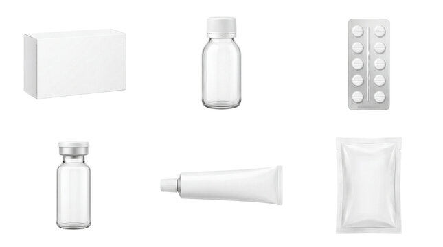 Collection of blank pharmaceutical packaging and medical supplies
