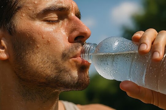 Thirsty Person Drinking Ice Cold Water Bottle During Extreme Summer Heat