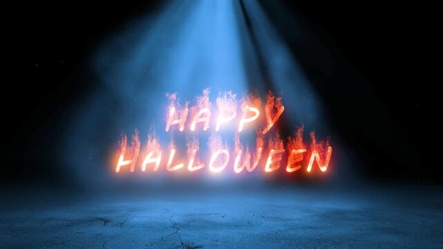 A Happy Halloween sign glows against a spooky, dark street. A Halloween banner in a spooky night a "Happy Halloween" animation. A creepy Happy Halloween screensaver.