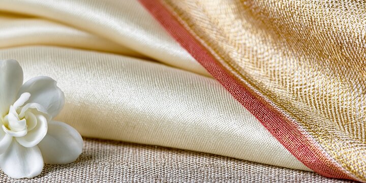Kerala kasavu saree fabric with gold zari border and a white jasmine flower, featuring soft cream silk folds and woven cotton texture for luxury ethnic backgrounds