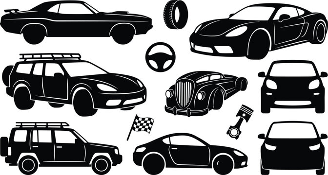 Automobile Silhouette Vector Set Featuring Sports Cars Classic Muscle Car SUV Steering Wheel Tire and Racing Flag Icons