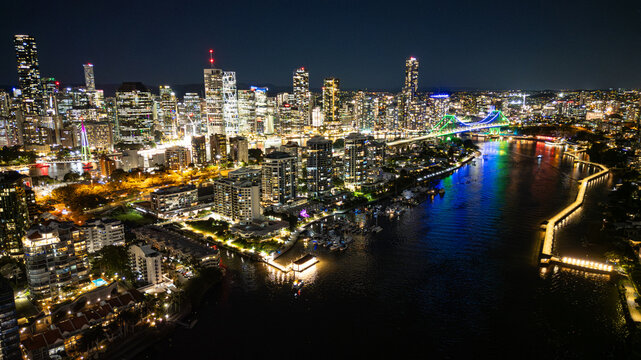 Aerial view of Brisbane city and Story bridge at night