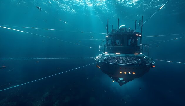 Autonomous underwater research station anchored in the deep blue ocean with glowing data cables extending into the surrounding marine environment