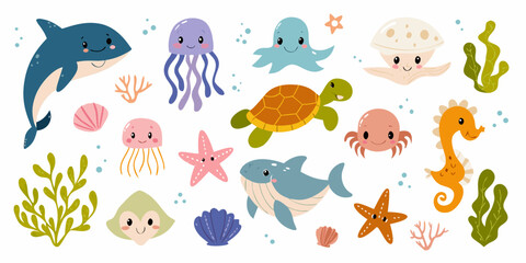 Cartoon Sea Creatures And Marine Life Colorful Vector Illustration © Suvro