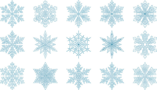Snowflake crystal ornament vector icon set with detailed blue geometric frozen pattern shapes for winter holiday decoration