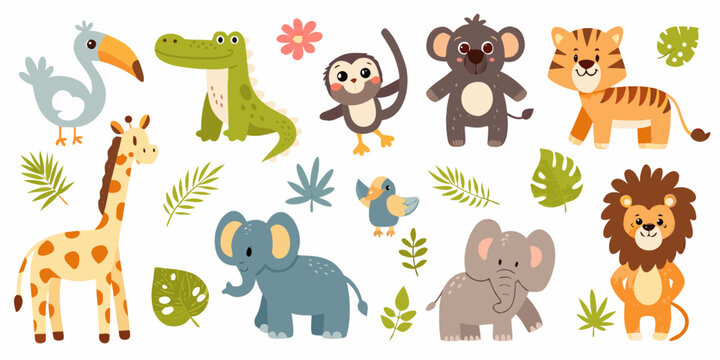 Safari Animals And Tropical Leaves Colorful Vector Illustration