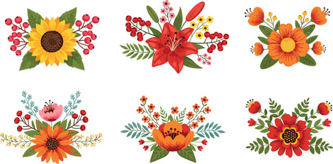 Vibrant fall floral arrangements set featuring decorative yellow sunflower red lily orange marigolds autumn berries and green leaves isolated on white background vector illustration © MdMoksedul