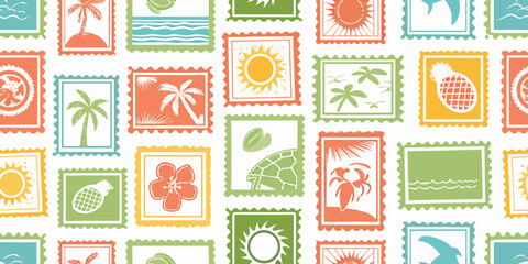 Tropical themed postage stamp collage colorful vector pattern on white background © Suvro