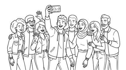 Obraz premium Group of Diverse Happy Friends Taking a Selfie Illustration
