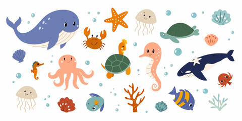 Cartoon Sea Creatures And Coral Vector Illustration On White Background © Suvro