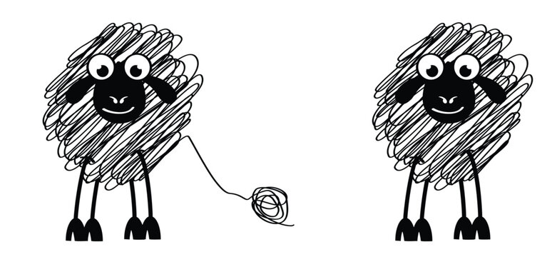 Cartoon, comic cute black and white sheep stickman and ball of wool. sheep icon. Drawing black sheep lamb sign or pictogram. Stick figure character. Happy animal face.