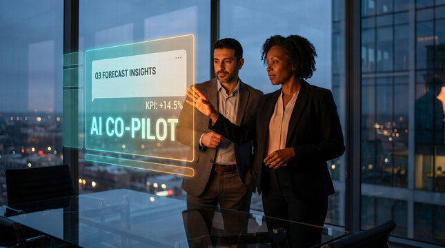 Professionals interacting with a holographic AI copilot assistant in dark modern office