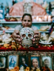 Fototapeta premium Person holding a decorated sugar skull above an ofrenda for Dia de los Muertos celebration, cultural heritage and traditional religious altar storytelling