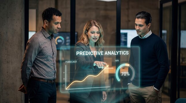 Data scientists analyzing holographic predictive analytics forecast in modern office