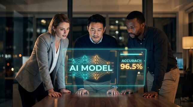 Fintech team exploring holographic neural network AI model in a dark modern office