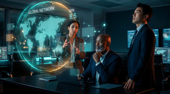 Global team viewing holographic network world map in a dark modern corporate office