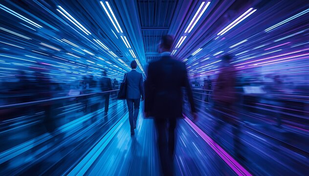 Business People Walking in Futuristic Corridor With Motion Blur Representing Speed Technology And Digital Transformation in Modern Corporate Office