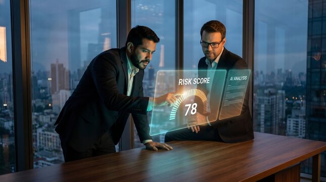Focused analysts examining holographic risk score gauge in a modern financial office