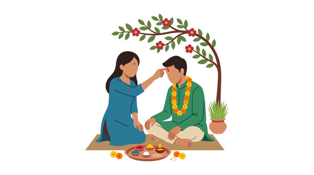 Bhai Dooj Ritual Indian Brother and Sister Vector Illustration