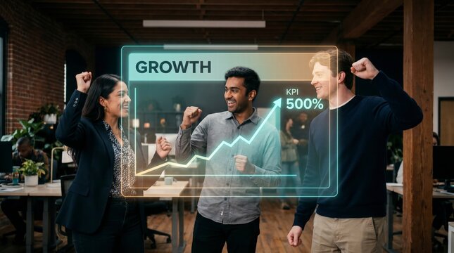 Young founders celebrating holographic growth chart in a modern startup workspace