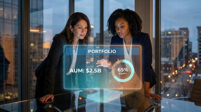 Confident advisors reviewing holographic portfolio allocation chart in a modern office